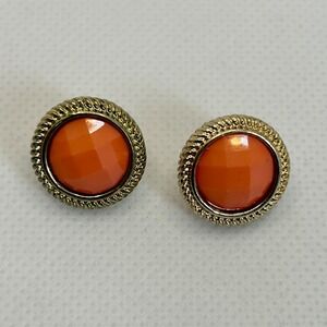 Vintage Orange Cabochon Stud‎ Earrings Gold Tone Rope Border Retro Jewelry